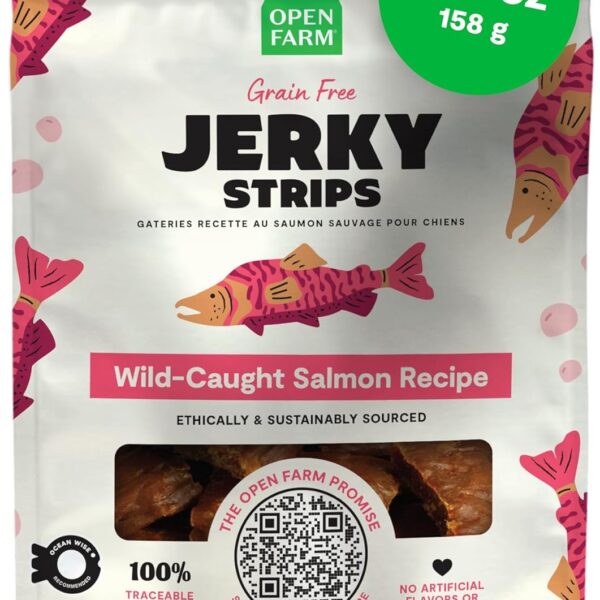 Open Farm, Dog Jerky Treats, Soft & Chewy Oven-Baked Jerky Strips Made with Ethically & Sustainably Sourced Ingredients, Protein Packed Dog Treats, Grain Free Wild Caught Salmon Recipe, 5.6oz Pouch