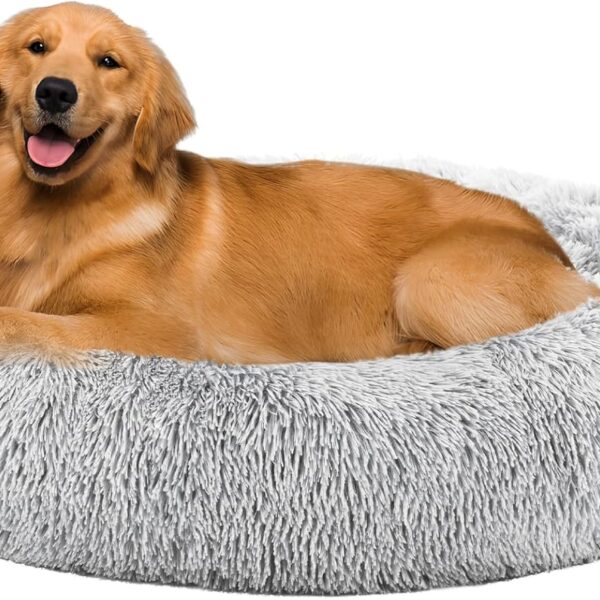 Sweetcrispy Donut Dog Bed, XL Large Round Calming Cat Bed with Washable Waterproof Cushion, Anti-Anxiety & Anti-Slip Fluffy Cuddle Cozy Faux Fur Plush for Pet Puppy Indoor Sleeping (37.4"x37.4", Gery)
