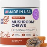 Turkey Tail Mushroom for Dogs with Organic Real Turkey Tail - 8:1 Extract Mushroom Chews for Lumps & Bumps, Immunity, Gut, Skin, Joint & Spine Support - Reishi, Lions Mane - 120 Soft Chews