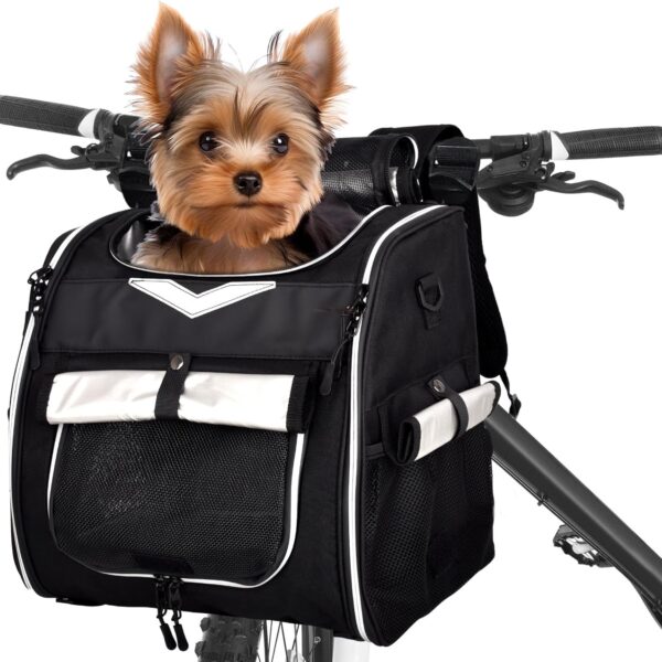 VENFOREST Dog Bike Basket, Foldable Pet Bike Carrier Backpack with Safety Strap, Waterproof Pet Bike Basket Suitable for Small Cats Kitten Puppy Dogs New Black