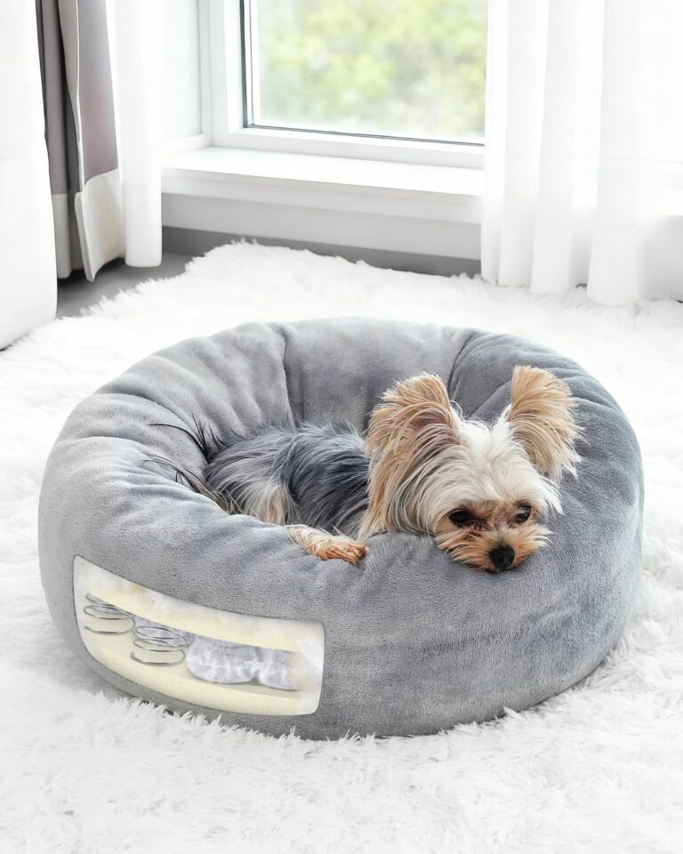 Small Dog Bed with Pocketed Coils and Soft Foam Support, Detachable Washable Calming Puppy Bed for Small Dogs and Cats, 20 in, Round Flannel Anti-Anxiety Pet Bed, Gray