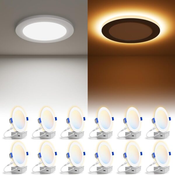VOLISUN 12 Pack 6 Inch 5CCT Recessed Light with Night Light,Canless LED Recessed Lighting 6 inch,2700K-5000K Selectable,12W=130W,1080LM Dimmable Recessed Ceiling Wafer Lighs,ETL Certificated