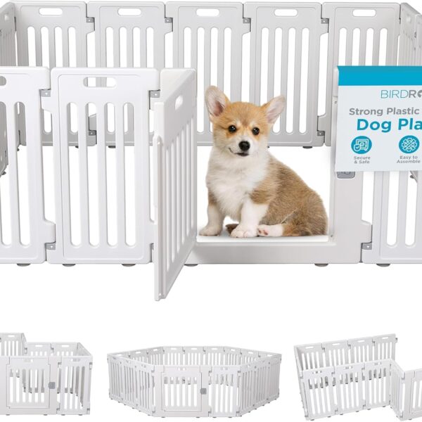BIRDROCK HOME Dog Playpen w/Door, 16 Panel, 25.6in H | Strong Plastic, Non-Slip Puppy Playpen, Secure Pet Gate | Indoor Outdoor Fence | Configurable Panels | Medium to Large Pets - White