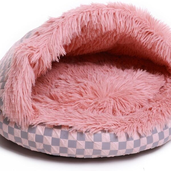 FADEYJ Cat Bed Hooded Plush Nest with Self-Warming Cozy Cave, Calming Anti-Anxiety Pet Bed for Indoor Cats & Small Dogs, Removable Washable Cover & Waterproof Bottom - Pink