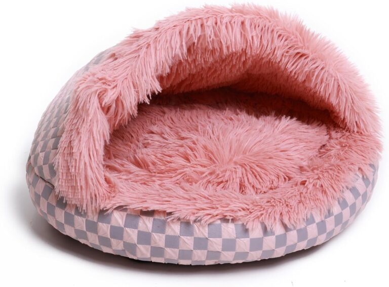 FADEYJ Cat Bed Hooded Plush Nest with Self-Warming Cozy Cave, Calming Anti-Anxiety Pet Bed for Indoor Cats & Small Dogs, Removable Washable Cover & Waterproof Bottom - Pink