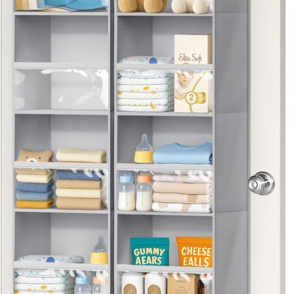 AOODA 2 Pack Over the Door Organizer, Large Capacity Closet Door Hanging Organizer, Clear Deep Pockets Baby Organizer Storage for Nursery, Bathroom, Bedroom, Pantry, Diapers (Grey)