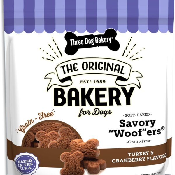 Three Dog Bakery Soft Baked Grain Free Meaty Woofers, Turkey and Cranberry Flavor, Premium Treats for Dogs, Brown, 25 oz
