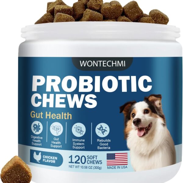 WONTECHMI Probiotics for Dogs, Improve Itchy Skin Itchy Ears, Gut Health, Yeast Balance, Allergies, Immunity, Dog Probiotics and Digestive Enzymes with Prebiotics, Reduce Diarrhea (Chicken, 120 chews)