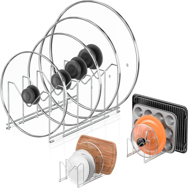 3 Pack Pot Lid Organizer for Cabinet, Stainless Steel Pot Lid Rack with Anti-slip Pad, Lid Holder for Pans Pots, Bakeware, Plates, Cookie Sheets, Trays, Dish, Cutting Boards, Silver