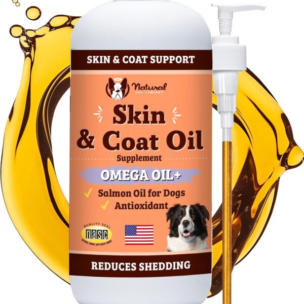 Natural Dog Company Skin & Coat Oil (16 oz.), Supports Skin Health, Fish Oil Supplements for Dogs, Soft Coat, Fish Oil & Flaxseed Oil, Fatty Acids, Bottle of Dog Fish Oil with Pump, Antioxidant