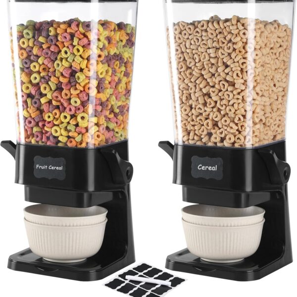 Qozzix Cereal Dispenser Countertop with Cereal Bowls,16 Labels & Pen, Cereal Containers Storage, Candy Dispenser, Dry Food Dispenser For Pantry - Not Easy to Crush Food (Black, 2 Pack)