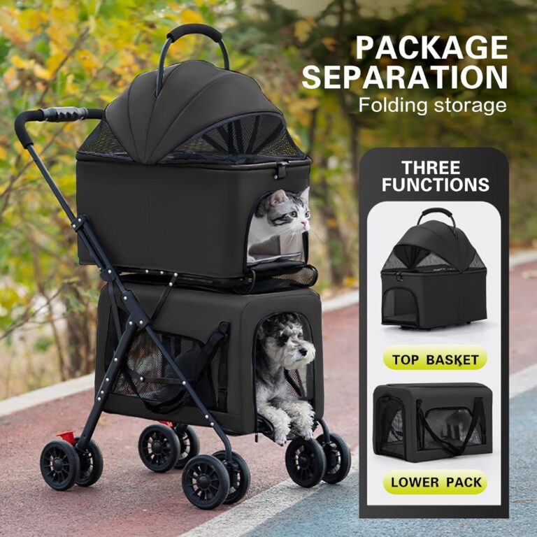 Double Dog Stroller with Rain Cover Detachable Pet Carriers Bag 4 Wheels Lightweight Waterproof Folding Crate Dog Jogging Stroller for Medium Small Dogs Cats (Black)