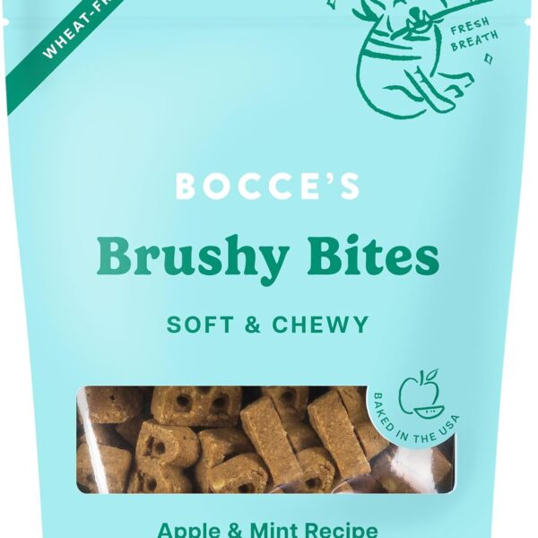 Bocce's Bakery Dailies Brushy Bites Dog Treats for Wellness Support, Wheat-Free Dog Treats, Made with Real Ingredients, Baked in The USA, All-Natural Soft & Chewy, Apple & Mint Recipe, 6 oz