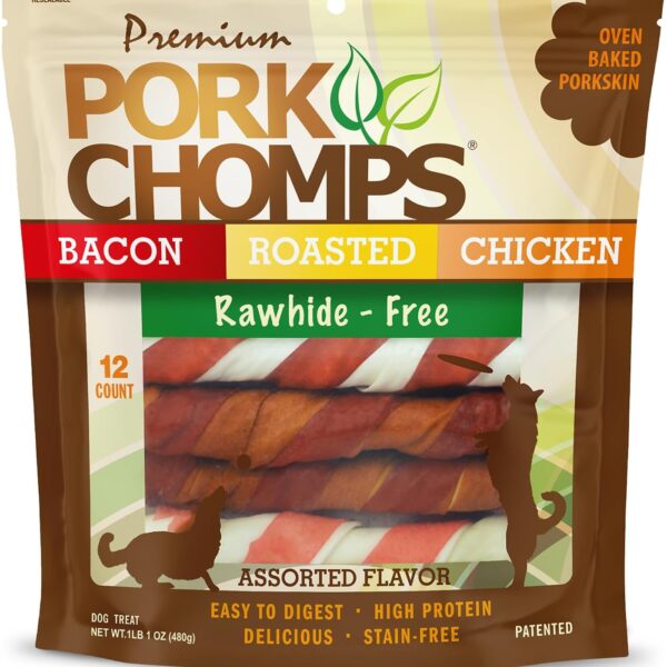 Pork Chomps Baked Pork Skin Dog Chews, 6-inch Twists, Assorted Flavors, 12 Count
