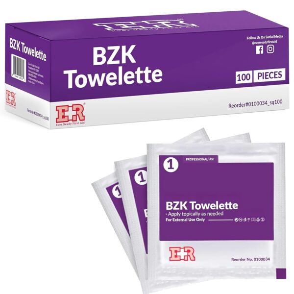 Benzalkonium BZK Wipes [Pack of 100]  5x7 Antiseptic Towelettes, First Aid Hand Wipes, Individually Wrapped for Skin Cleansing
