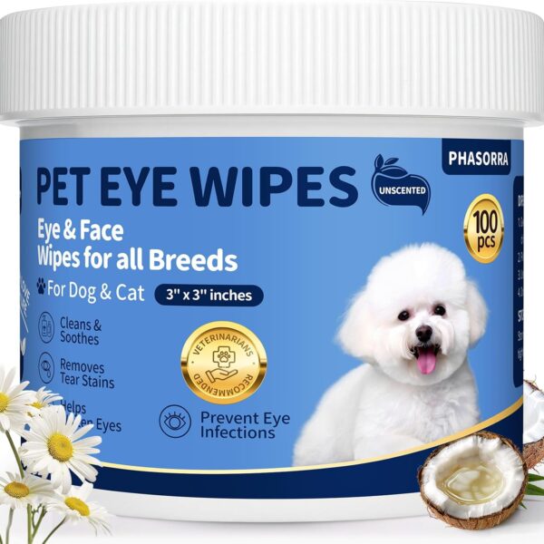 PHASORRA Dog Eye Wipes, Tear Stain Remover for Dogs & Cats, Gently Remove Tear Stain, Eye Debris, Discharge, Mucus - 100pcs