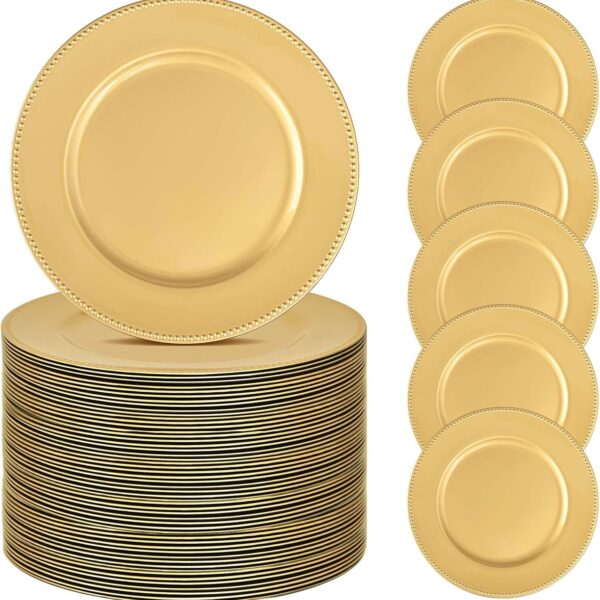 50 Pcs Gold Charger Plates Bulk, 13" Round Beaded Plate Chargers for Dinner Plates, Decorative Dinner Chargers Plastic Table Chargers for Wedding Holiday Party Baby Shower Event Decoration (Gold)