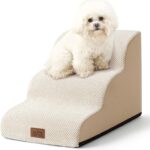 COZY KISS Dog Stairs for Small Dogs 15.7" H, Curved Dog Step for Puppy, Older Cat, Medium Pet Ramp for Sofa, Couch or Chair, Ladder with High Density Foam, 3 Step, 15.7x22.4x15.7 inch, Beige