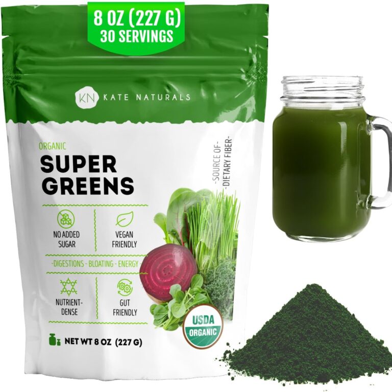 Kate Naturals Organic Super Greens Powder. Daily Greens Superfood Blend with Probiotics & Fiber for Smoothies and Juice (30 Servings, 8oz, Natural)