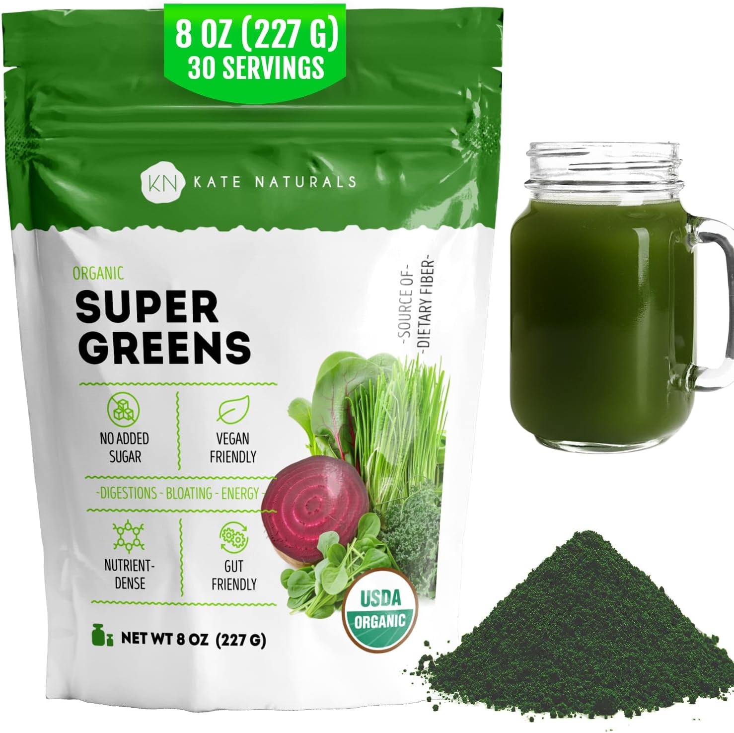 Kate Naturals Organic Super Greens Powder. Daily Greens Superfood Blend with Probiotics & Fiber for Smoothies and Juice (30 Servings, 8oz, Natural) Kate Naturals Organic Super Greens Powder. Daily Greens Superfood Blend with Probiotics & Fiber for Smoothies and Juice (30 Servings, 8oz, Natural)