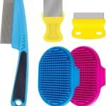 5Pcs Pet Grooming Kit - Aoche Cat Dog Bath Brush Lice Comb Kit, Deshedding Dog Brush Dog Scrubber for Large Small Dogs Cats Flea Combs for Cats Dogs