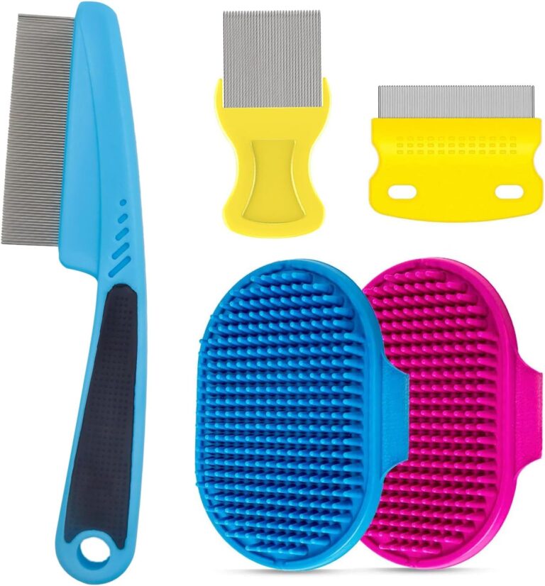 5Pcs Pet Grooming Kit - Aoche Cat Dog Bath Brush Lice Comb Kit, Deshedding Dog Brush Dog Scrubber for Large Small Dogs Cats Flea Combs for Cats Dogs