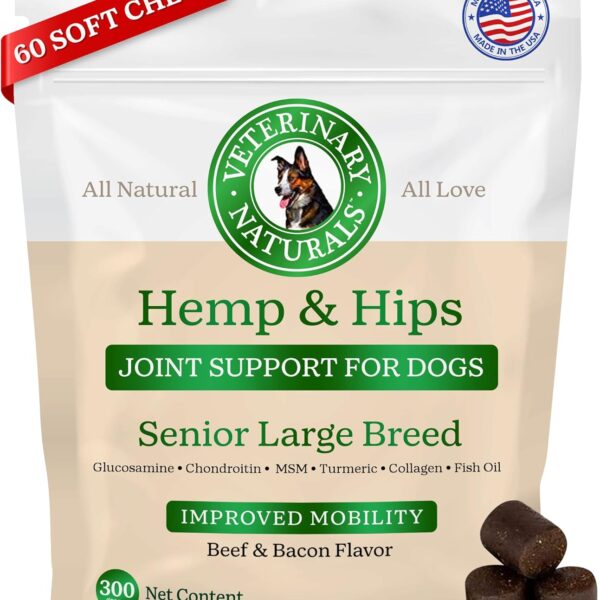 Veterinary Naturals Hemp & HIPS Joint Supplement for Dogs/Supports Relief from Hip and Joint Pain in Large, Aging Dogs (Senior Large Breed, Beef & Bacon)