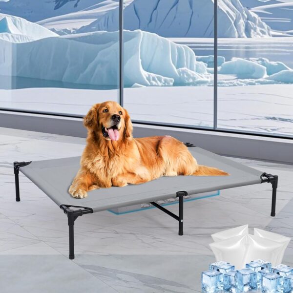 48'' Outdoor Elevated Dog Bed with Four Ice Pack, Raised Dogs Bed with Six Support Feet, Breathable Cooling Dog Cot Beds Medium Large Size Dogs, Outdoor Pet Hammock Beds, Outside Pet Beds(X-Large)
