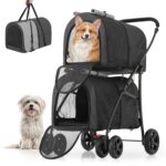 MoNiBloom Double Dog Stroller with Detachable Carrier Bags Large 4 Wheels Foldable Jogger for Small and Medium Dog Cats, Black/Gray