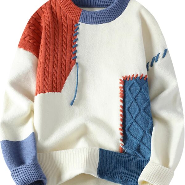 GURUNVANI Patchwork Sweater Mens Colorblock Jumper Cable Knitted Pullover Oversized