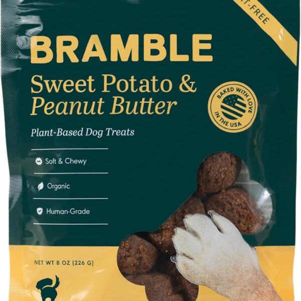 BRAMBLE Organic Dog Treats. Everyday Sweet Potato & Peanut Butter Human Grade Treats, Made with Real Ingredients, Soft & Chewy Dog Cookies. Wheat-Free Plant-Based. 8 oz