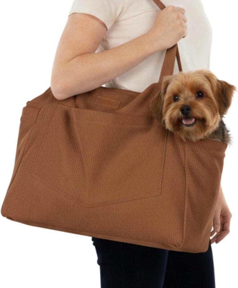 NoblePup Corduroy Dog Purse Carrier for Small Dogs, Soft Puppy Tote Bag with Safety Harness Clip, Lightweight Pet Carrier for Under 13 lbs, Dog Shoulder Carrier for Travel, (Brown)