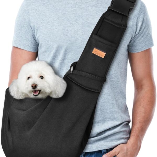CUBY Dog and Cat Sling Carrier, Hand-Free Dog Carrier Slings with Adjustable Straps Pocker, Puppy Slings Carrier for Small Dogs Cats Outdoor Travel Bag(Black, M-Adjustable Strap)