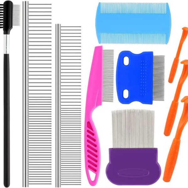 10 Pack Flea Lice Comb, Stainless Steel Dog Cat Grooming Combs with Rounded Teeth, Tear Stain Remover, Tick Removal Tool for Small Dogs, Cats and Other Pets