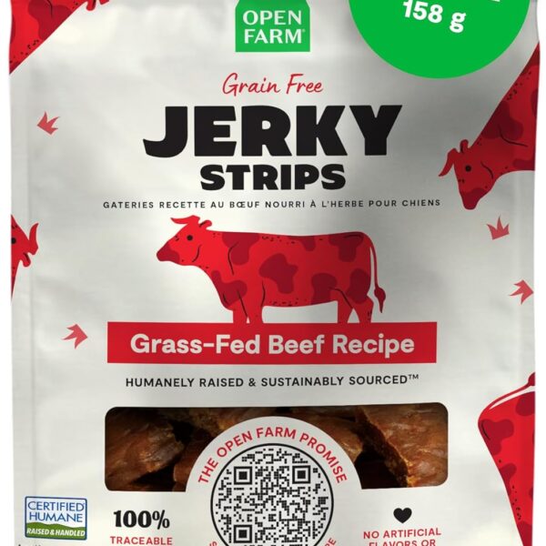 Open Farm, Dog Jerky Treats, Soft & Chewy Oven-Baked Jerky Strips Made with Ethically & Sustainably Sourced Ingredients, Protein Packed Dog Treats, Grain-Free Grass-Fed Beef Recipe, 5.6oz Pouch