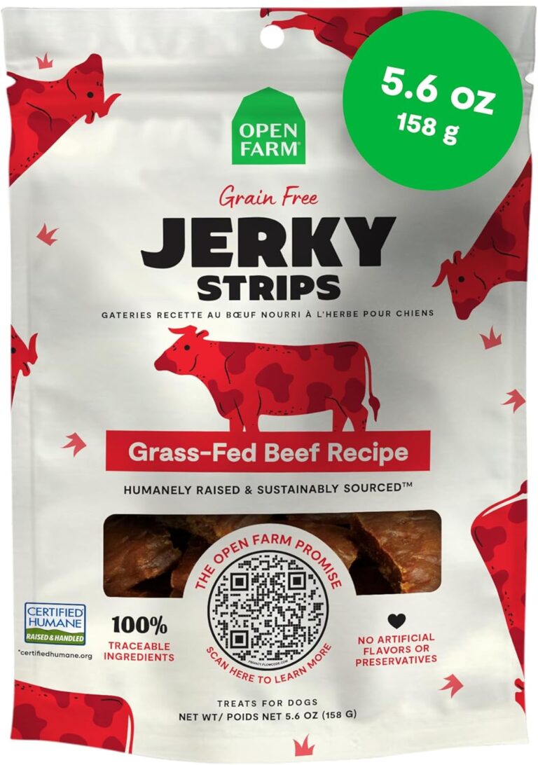 Open Farm, Dog Jerky Treats, Soft & Chewy Oven-Baked Jerky Strips Made with Ethically & Sustainably Sourced Ingredients, Protein Packed Dog Treats, Grain-Free Grass-Fed Beef Recipe, 5.6oz Pouch