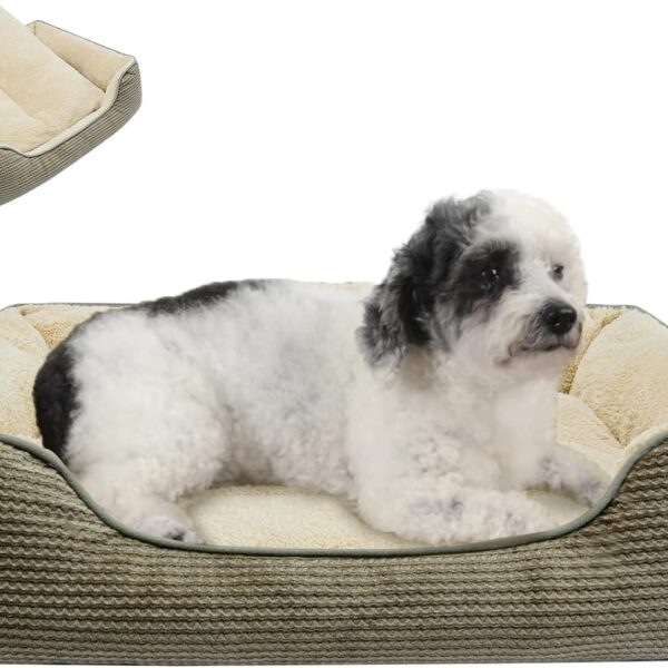 Miguel Dog Bed with Removable Cushion/Pillow for Medium Small Dogs, Washable Pet Bed with Side Easy to Wash Puppy Bed, Large Rectangle Cat Bed for Indoor Cat with Anti-Slip Bottom, Khaki 25 Inch