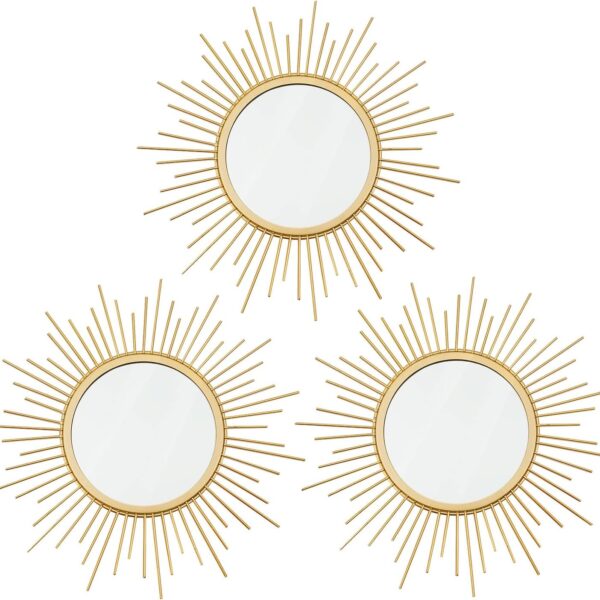 3 Pack Metal Mirrors for Wall Sunburst Wall Mirrors Home Dcor Decorative Hanging Wall Art for Living Room Bedroom Entryway (Gold, Sunburst)
