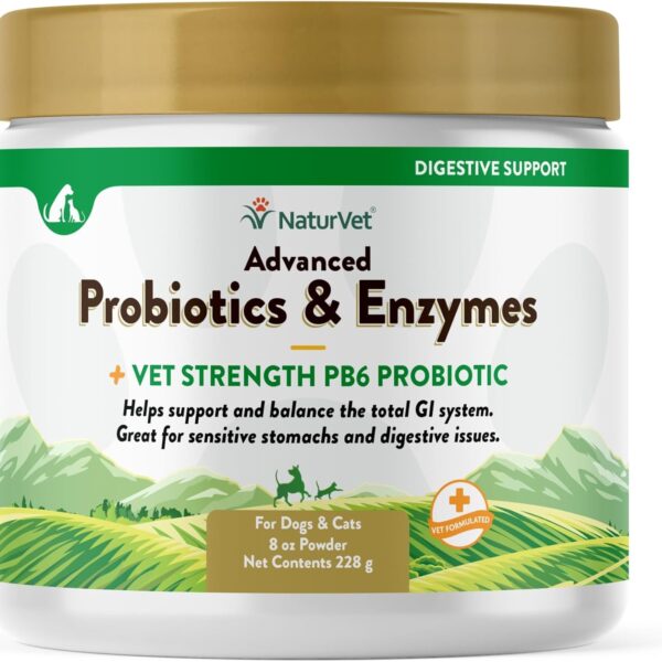 NaturVet  Advanced Probiotics & Enzymes - Plus Vet Strength PB6 Probiotic | Supports and Balances Pets with Sensitive Stomachs & Digestive Issues | for Dogs & Cats (8 oz)