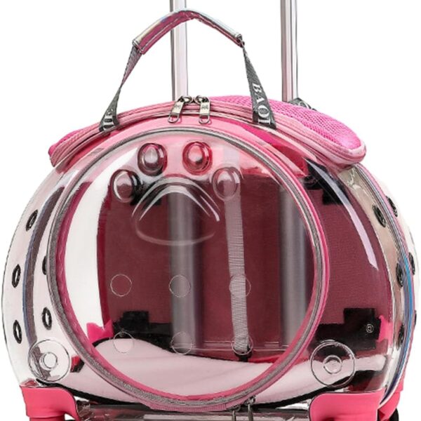 Rolling 4-Wheel Pet Backpack Suitcase for Small Dogs | Transparent & Fully Breathable Hard cat Carrier,Dogs, Cats, Multiple Carrying Options, Perfect for Traveling/Taking a Walk Pink