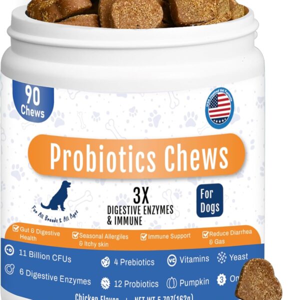 Probiotics for Dogs Dog Probiotic Chews - 6 Digestive Enzymes & 4 Prebiotics, Gut Skin & Coat Immune Support with Pumpkin, Salmon Oil & Vitamins - Dog Probiotic Supplements