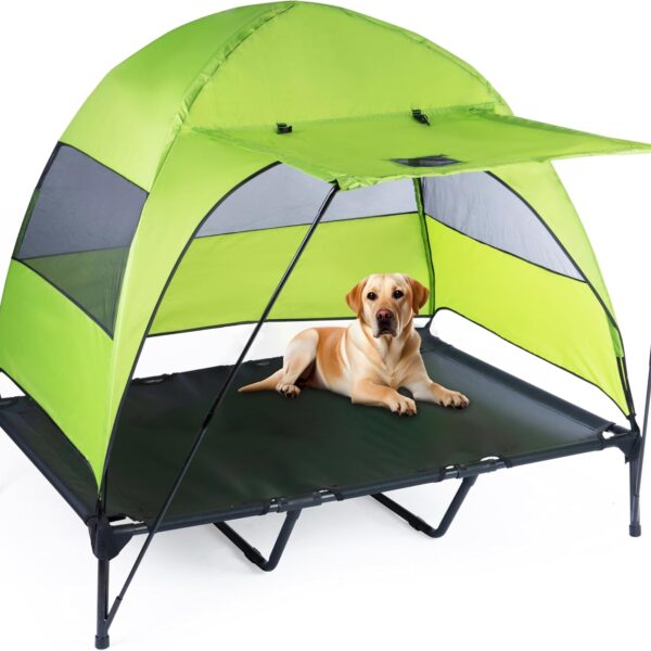 Elevated Dog Bed with Removable Canopy + Retractable Awning. Raised Indoor/Outdoor Portable Dog Bed with Shade. Anti Slip feet, Compact Outdoor Dog Tent with Travel Bowl. XXL (Large)