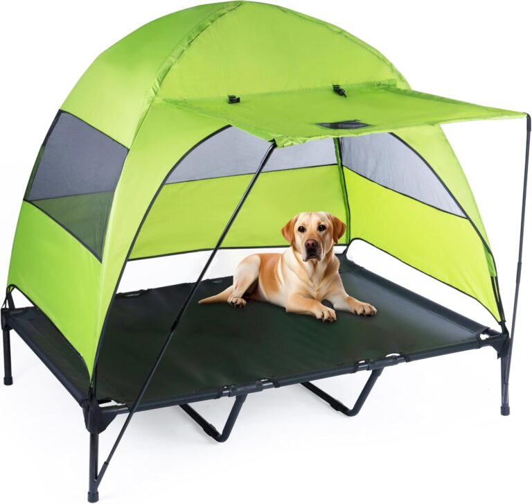 Elevated Dog Bed with Removable Canopy + Retractable Awning. Raised Indoor/Outdoor Portable Dog Bed with Shade. Anti Slip feet, Compact Outdoor Dog Tent with Travel Bowl. XXL (Large)