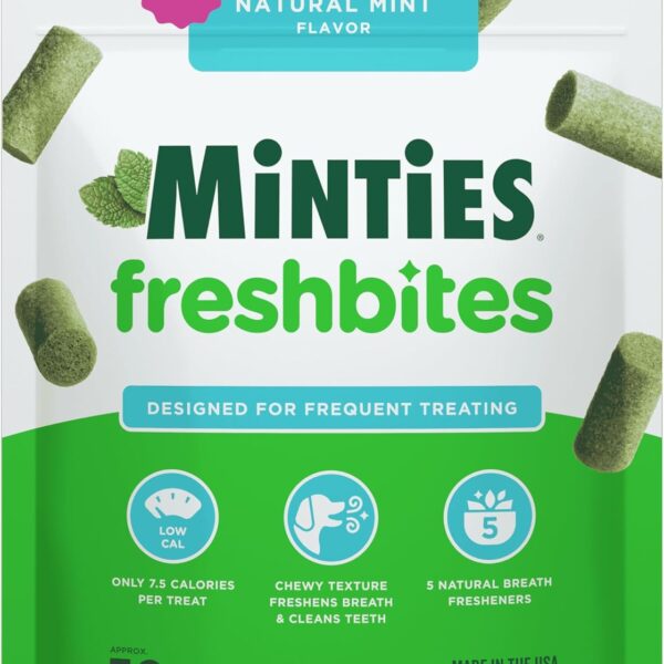 Minties FreshBites Soft and Chewy Dental Treats for Dogs, Low Calorie Natural Mint Flavored Dental Chews for Dogs, 50 Count, Chews Clean Teeth, Fight Bad Breath, and Removes Plaque and Tartar