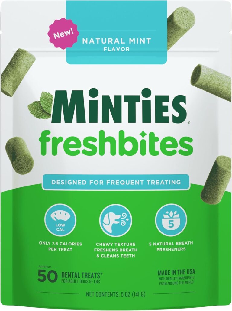 Minties FreshBites Soft and Chewy Dental Treats for Dogs, Low Calorie Natural Mint Flavored Dental Chews for Dogs, 50 Count, Chews Clean Teeth, Fight Bad Breath, and Removes Plaque and Tartar