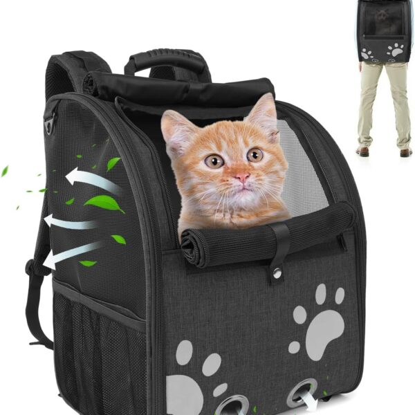 Cat & Dog Backpack Carrier for Small Pets up to 15lbs - Ventilated Pet Travel Pack with Anti-Escape Leash, Stable Base, Dual Entry & Sun Visor - Lightweight Hiking Camping Carrier (Black)