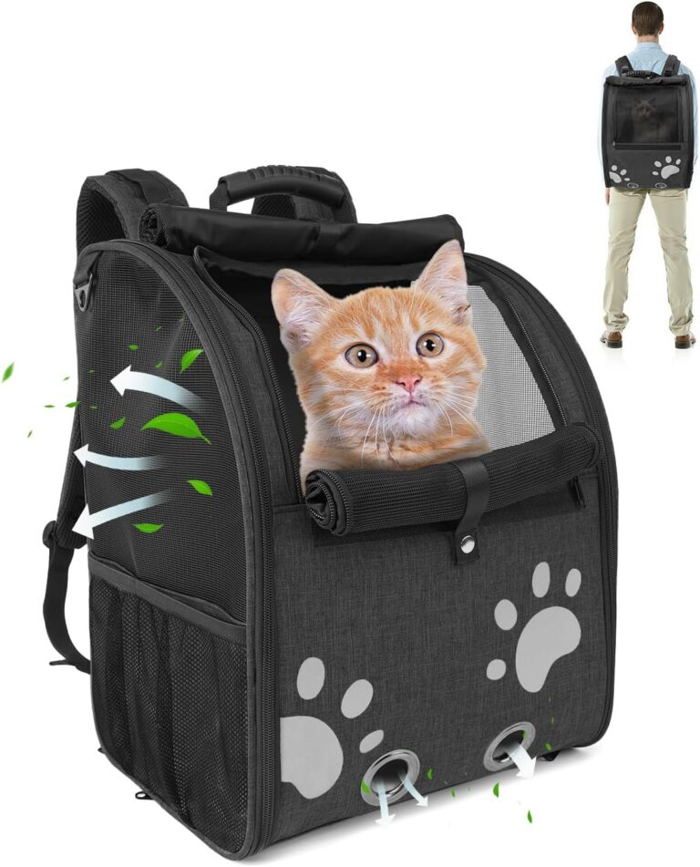 Cat & Dog Backpack Carrier for Small Pets up to 15lbs - Ventilated Pet Travel Pack with Anti-Escape Leash, Stable Base, Dual Entry & Sun Visor - Lightweight Hiking Camping Carrier (Black)