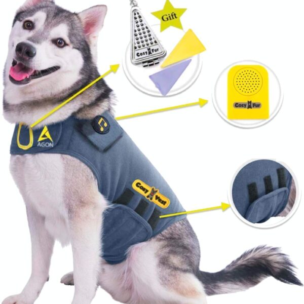 CozyVest Dog Anxiety Vest 3-in-1 Music & Aromatherapy Shirt, Relaxing Sound & Essential Oils Jacket, Fireworks Thunder Separation & Thunderstorm Canine Stress Relief Coat (Gray, Large [41-64 Lbs])
