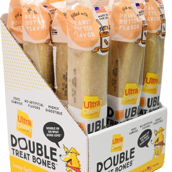 Ultra Chewy Peanut Butter Double Treat Bones: Long-Lasting Dog Treats Made in USA for Large and Small Breeds, Highly Digestible, Ideal for Aggressive Chewers (12 Count)