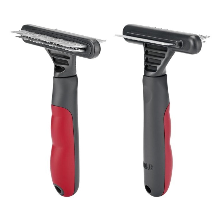 KONG Double-Sided Rake & Deshedding Tool  Detangling & Shedding Control, Rounded Metal Tips, Non-Slip Grip, for Medium to Large Dogs with Medium to Long Coats, Red/Gray